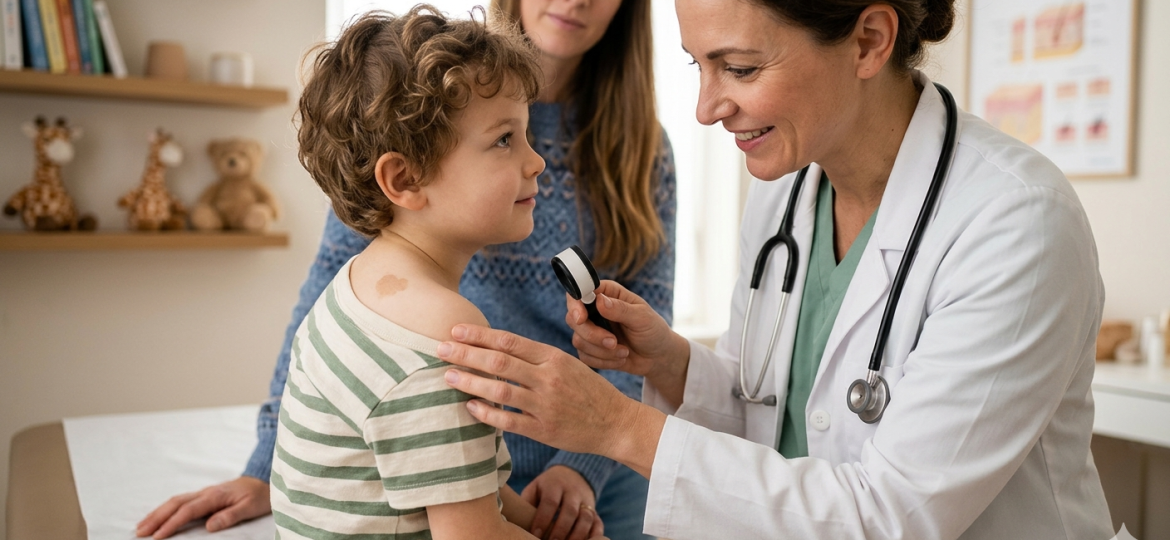 Dermatologa pediatrica sonriente examinando una mancha benigna en la espalda de un niño con un dermatoscopio, mientras la madre observa en una consulta médica infantil.