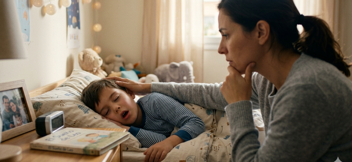 Madre preocupada observa a su hijo pequeño durmiendo con la boca abierta en su habitación, ilustrando el ronquido infantil y la sospecha de apnea del sueño.