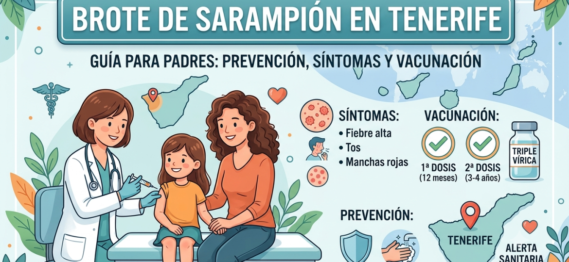 Ilustración informativa sobre el brote de sarampión en Tenerife, con una pediatra vacunando a una niña junto a su madre, iconos de síntomas y datos del calendario de vacunación.