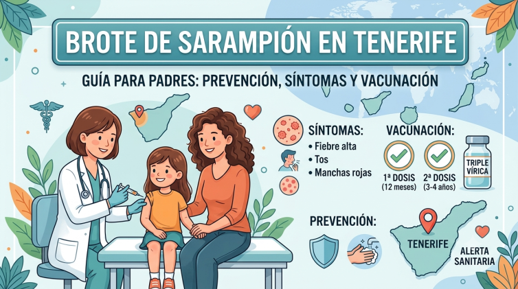 Ilustración informativa sobre el brote de sarampión en Tenerife, con una pediatra vacunando a una niña junto a su madre, iconos de síntomas y datos del calendario de vacunación.