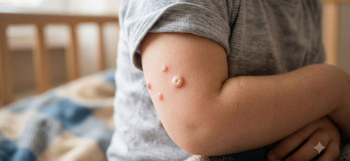 Lesiones cutáneas de molusco contagioso en el brazo de un niño, con forma de perla y umbilicadas.
