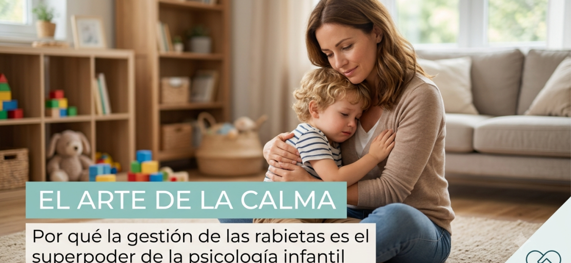 Madre abrazando a su hijo pequeño en el suelo de una sala de juegos, ilustrando la gestión de rabietas y la regulación emocional en psicología infantil.