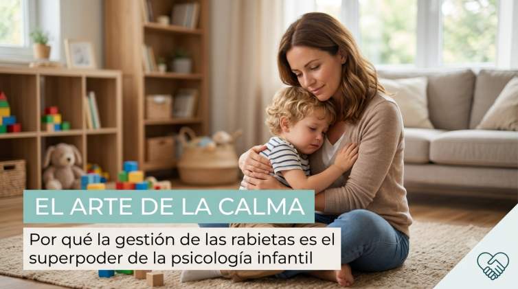 Madre abrazando a su hijo pequeño en el suelo de una sala de juegos, ilustrando la gestión de rabietas y la regulación emocional en psicología infantil.
