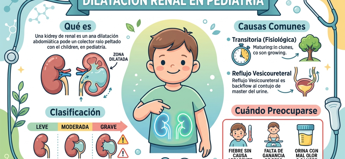 Una infografía detallada e ilustrada en español que explica la dilatación renal en pediatría. Presenta el título principal "DILATACIÓN RENAL EN PEDIATRÍA", un niño sonriendo con contornos renales, y cuatro secciones principales: "Qué es", "Causas Comunes" (con Transitoria y Reflujo Vesicoureteral), "Clasificación" (con gráficos de LEVE, MODERADA, GRAVE) y "Cuándo Preocuparse". Secciones adicionales muestran "Zona Dilatada" y síntomas de alerta con iconos de niños. Estilo gráfico amigable y profesional.