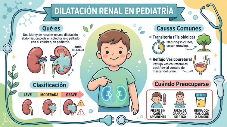 Una infografía detallada e ilustrada en español que explica la dilatación renal en pediatría. Presenta el título principal "DILATACIÓN RENAL EN PEDIATRÍA", un niño sonriendo con contornos renales, y cuatro secciones principales: "Qué es", "Causas Comunes" (con Transitoria y Reflujo Vesicoureteral), "Clasificación" (con gráficos de LEVE, MODERADA, GRAVE) y "Cuándo Preocuparse". Secciones adicionales muestran "Zona Dilatada" y síntomas de alerta con iconos de niños. Estilo gráfico amigable y profesional.
