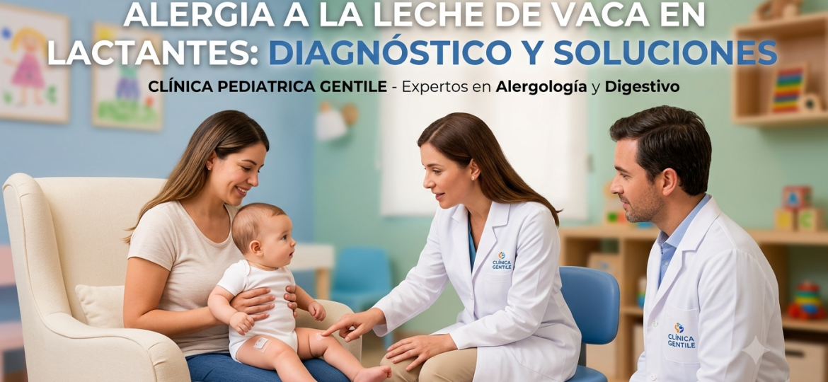 Consulta médica en Clínica Pediatrica Gentile sobre la alergia a la proteína de la leche de vaca (APLV) en lactantes con especialistas en alergología y digestivo.