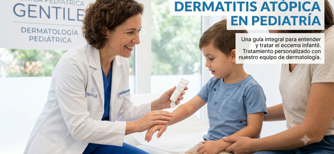 Dermatóloga de la Clínica Pediátrica Gentile examinando y aplicando crema para el tratamiento de la dermatitis atópica en el brazo de un niño, acompañado por su madre.