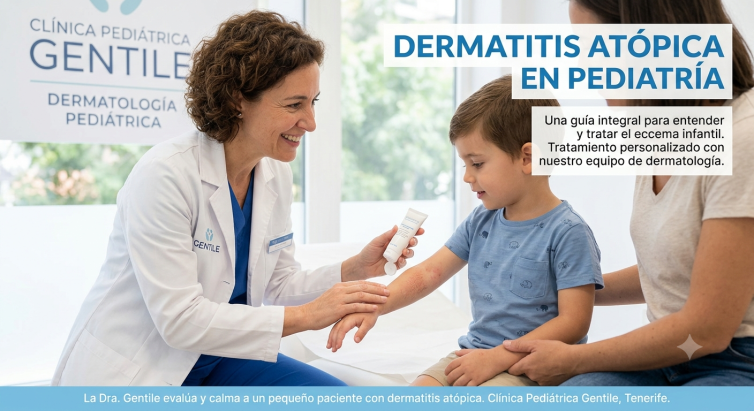Dermatóloga de la Clínica Pediátrica Gentile examinando y aplicando crema para el tratamiento de la dermatitis atópica en el brazo de un niño, acompañado por su madre.