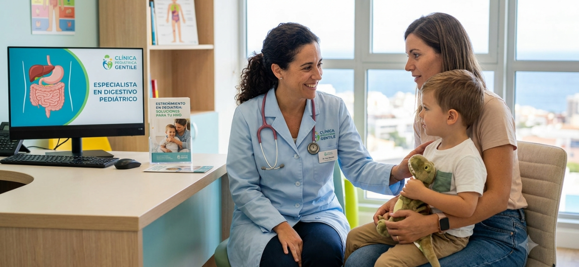 Especialista en digestivo pediátrico de Clínica Pediatrica Gentile explicando soluciones para el estreñimiento infantil y de pediatría a una familia.