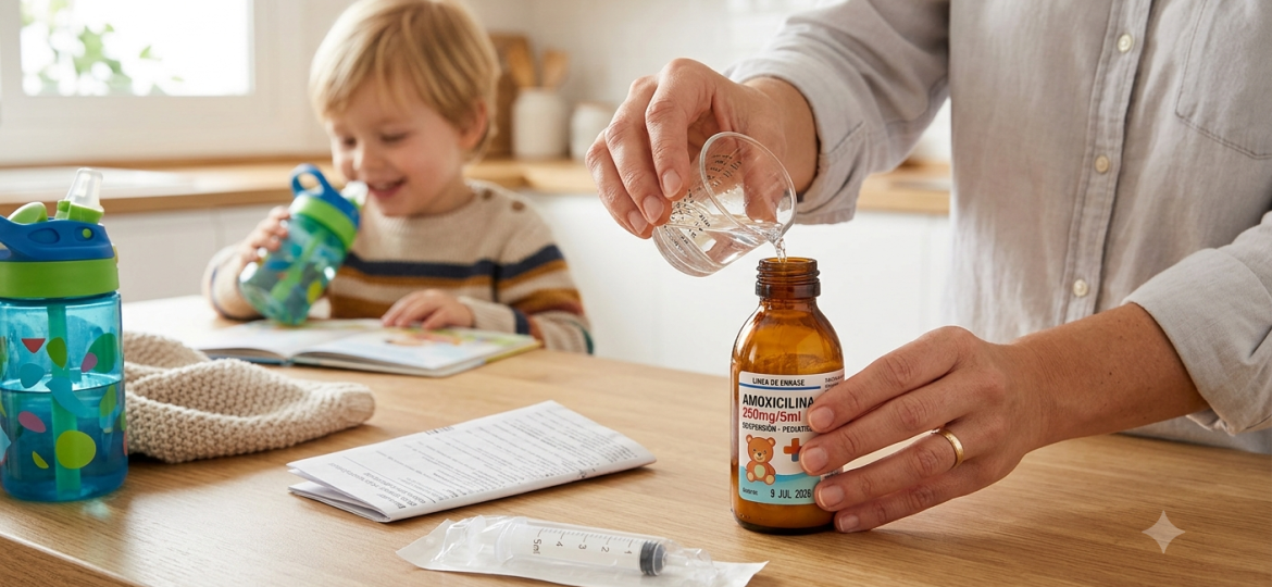 Madre preparando Amoxicilina pediátrica en polvo para suspensión oral en una cocina, vertiendo agua de un vaso medidor en un frasco marrón con etiqueta, mientras un niño pequeño sonríe al fondo. Hay una jeringa dosificadora y folletos en el mostrador de madera.