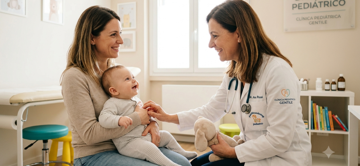 Especialista en gastroenterología pediátrica atendiendo a un bebé con reflujo en la Clínica Pediátrica Gentile.