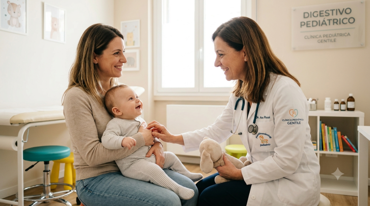 Especialista en gastroenterología pediátrica atendiendo a un bebé con reflujo en la Clínica Pediátrica Gentile.