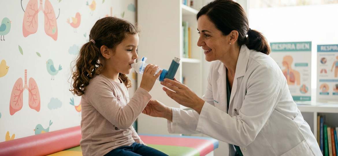 Pediatra de la Clínica Gentile enseñando a una niña a usar correctamente un inhalador con cámara espaciadora para el tratamiento del asma infantil.