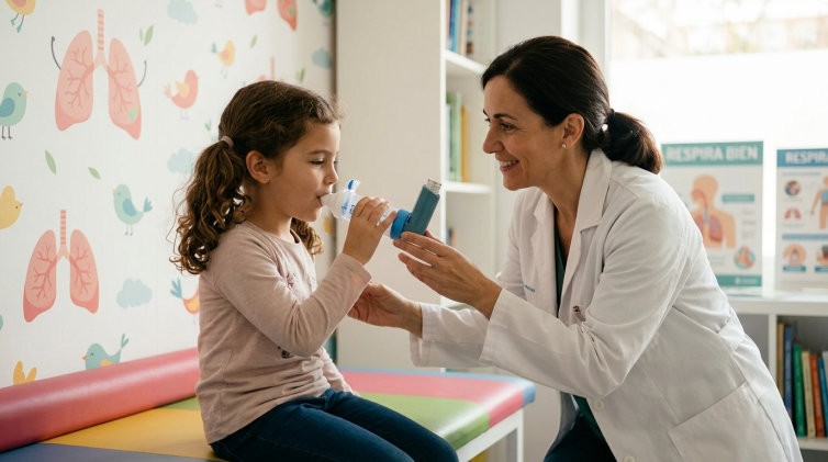 Pediatra de la Clínica Gentile enseñando a una niña a usar correctamente un inhalador con cámara espaciadora para el tratamiento del asma infantil.