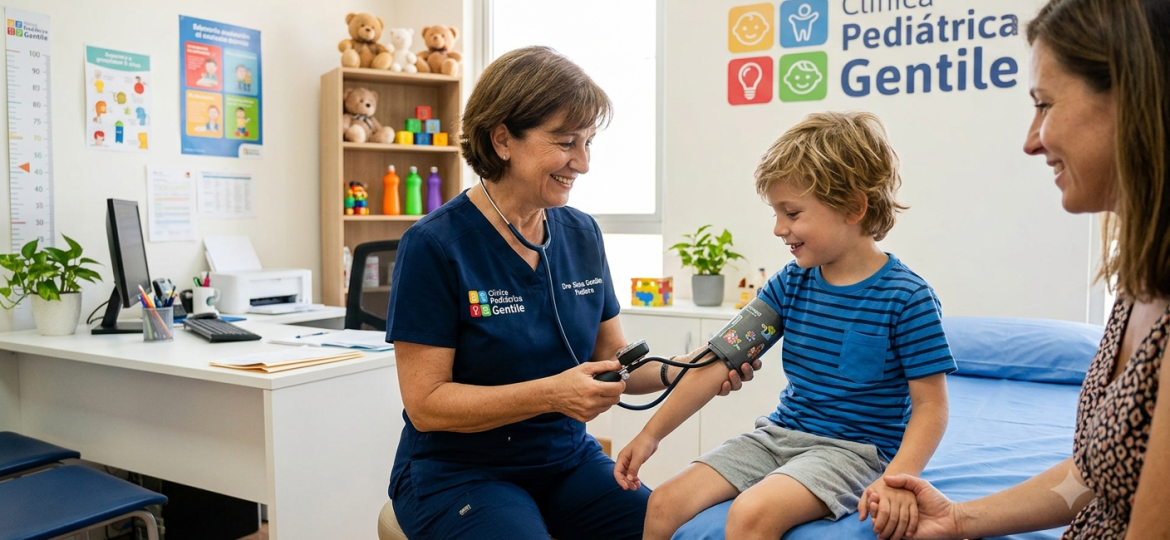 Consulta médica en la Clínica Pediatrica Gentile donde una pediatra toma la presión arterial a un niño para diagnosticar la causa de sus mareos.
