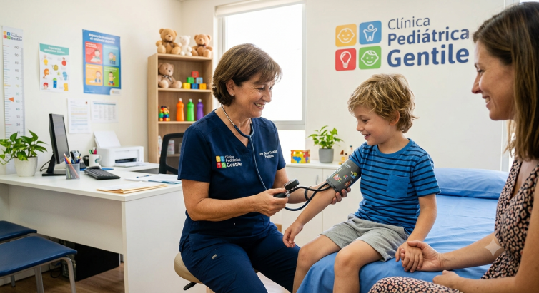 Consulta médica en la Clínica Pediatrica Gentile donde una pediatra toma la presión arterial a un niño para diagnosticar la causa de sus mareos.